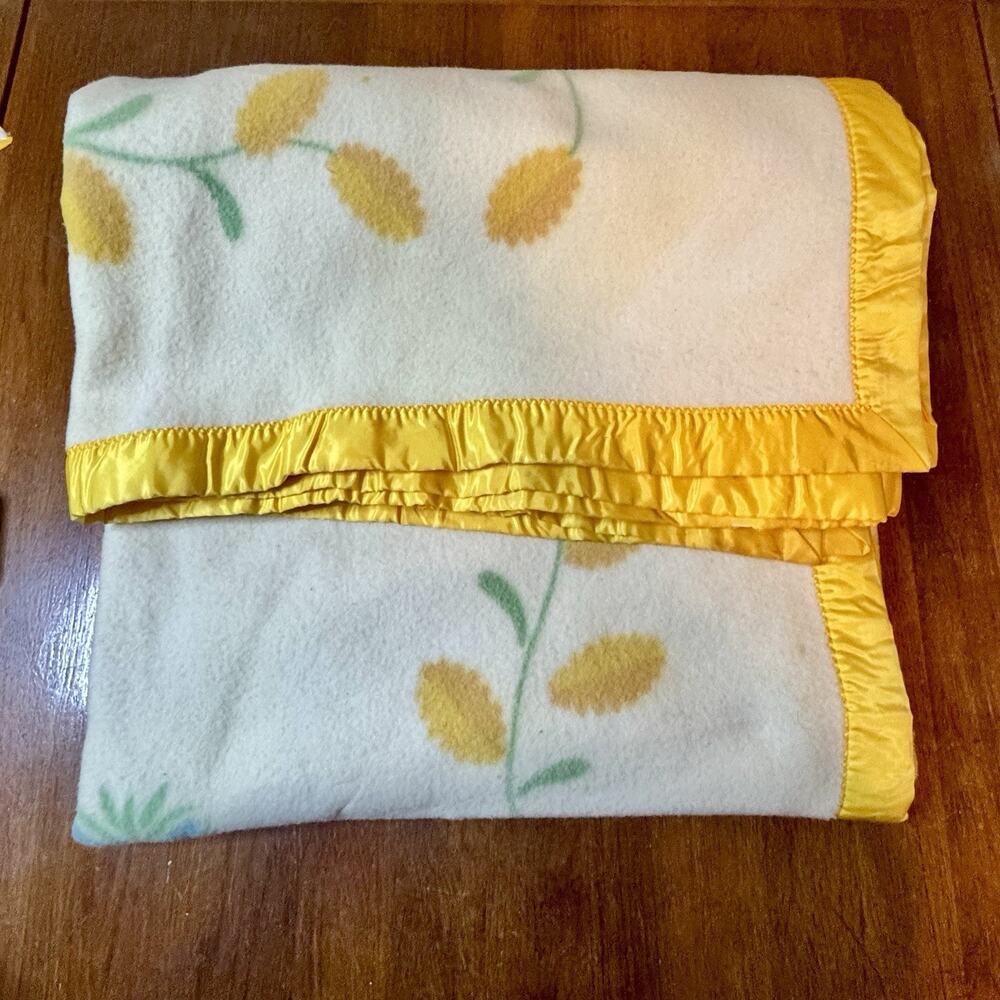 Vintage Fleece Throw Blanket 70x40 Floral Yellow Satin Ruffle Trim Cottagecore